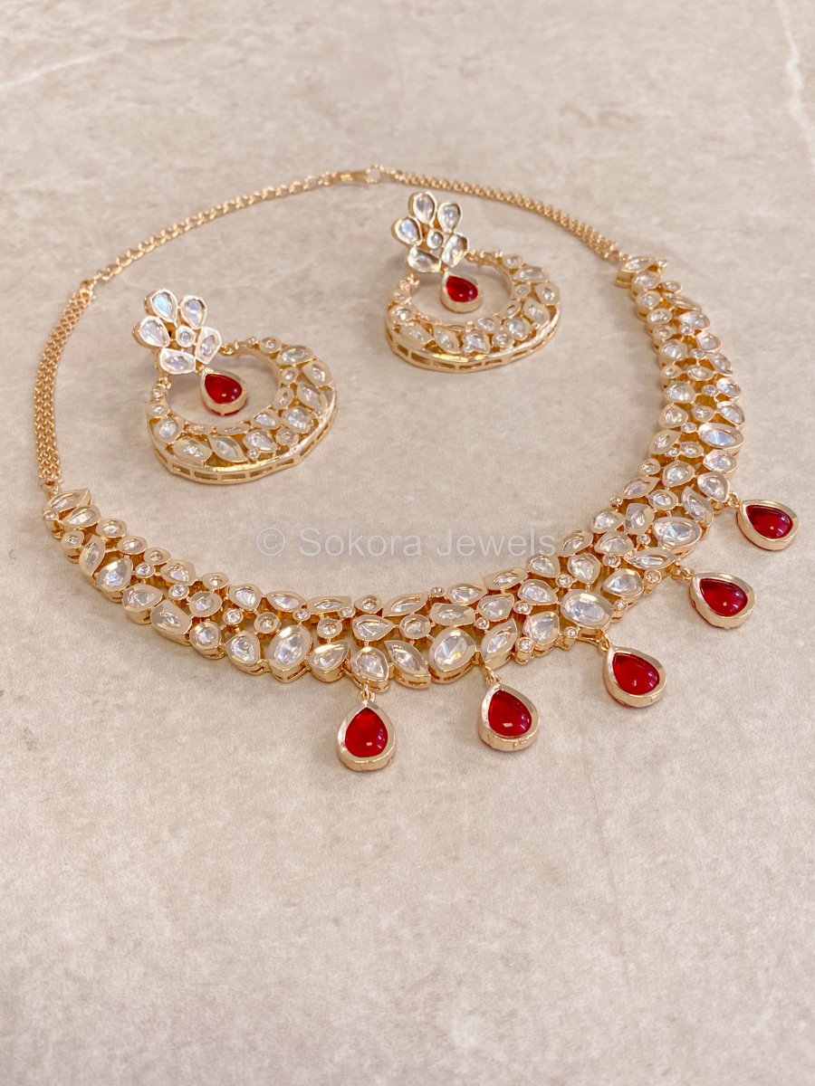 Fiona Kundan Set - Red - SOKORA JEWELSFiona Kundan Set - RedNECKLACE SETS