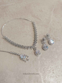 Fleur Silver Bridal Jewellery Set – Clear American Diamond Wedding Set - SOKORA JEWELSFleur Silver Bridal Jewellery Set – Clear American Diamond Wedding SetNECKLACE SETS