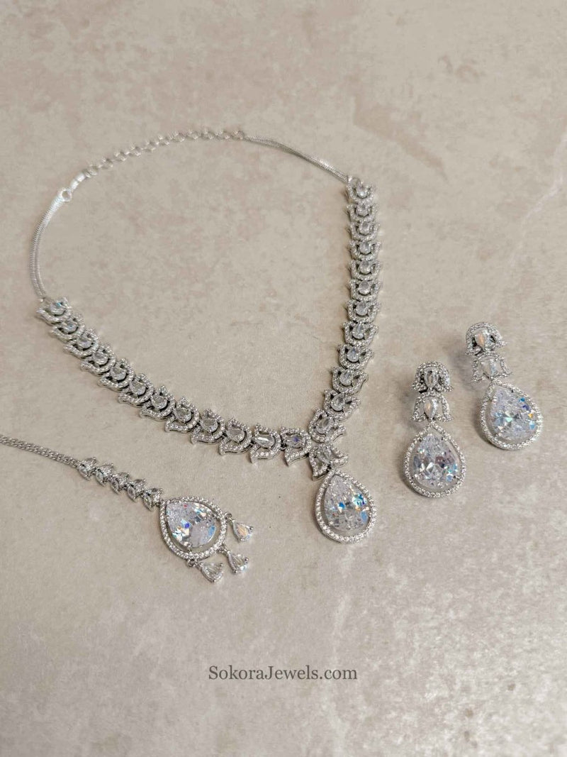 Fleur Silver Bridal Jewellery Set – Clear American Diamond Wedding Set - SOKORA JEWELSFleur Silver Bridal Jewellery Set – Clear American Diamond Wedding SetNECKLACE SETS