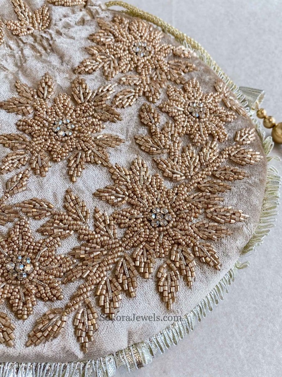Floral Bead Detail Potli Bag - Nude Brown - SOKORA JEWELSFloral Bead Detail Potli Bag - Nude Brown