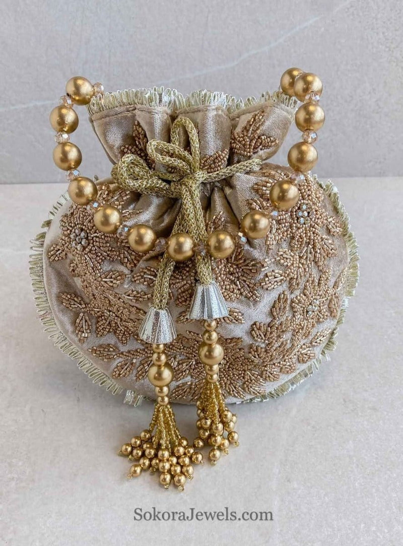 Floral Bead Detail Potli Bag - Nude Brown - SOKORA JEWELSFloral Bead Detail Potli Bag - Nude Brown