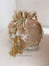 Floral Bead Detail Potli Bag - Nude Brown - SOKORA JEWELSFloral Bead Detail Potli Bag - Nude Brown