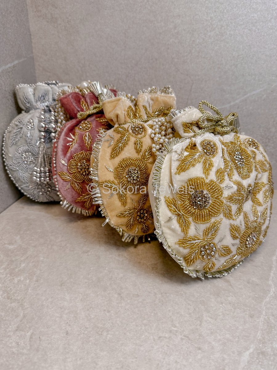 Floral Beaded Detail Velvet Bag - SOKORA JEWELSFloral Beaded Detail Velvet Bag