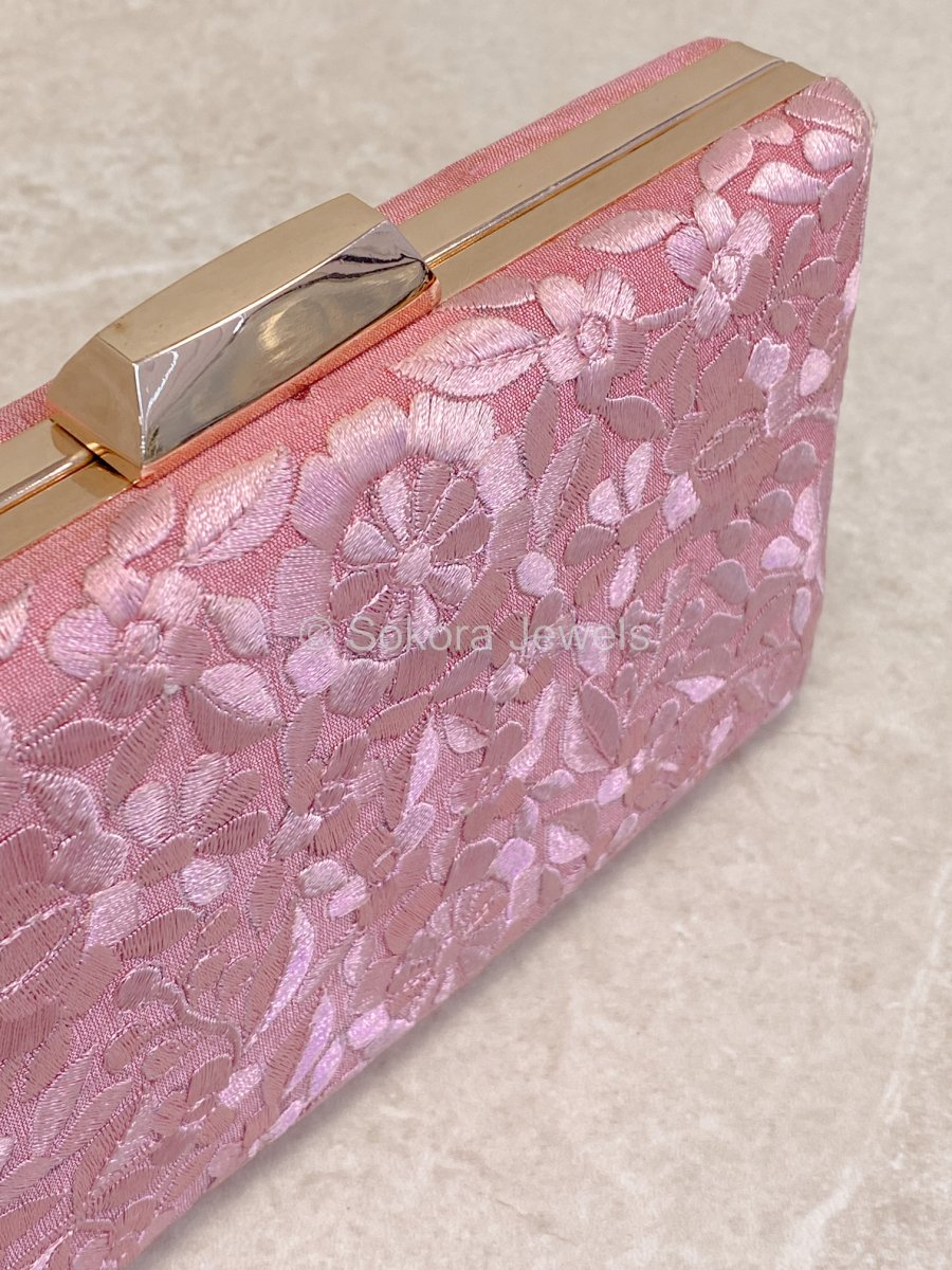 Floral Embroidered Detail Clutch Bag - Pink - SOKORA JEWELSFloral Embroidered Detail Clutch Bag - Pink