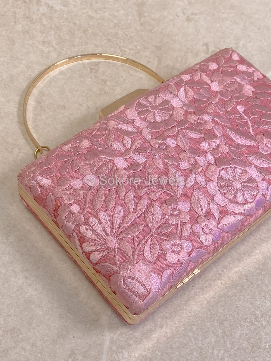 Floral Embroidered Detail Clutch Bag - Pink - SOKORA JEWELSFloral Embroidered Detail Clutch Bag - Pink