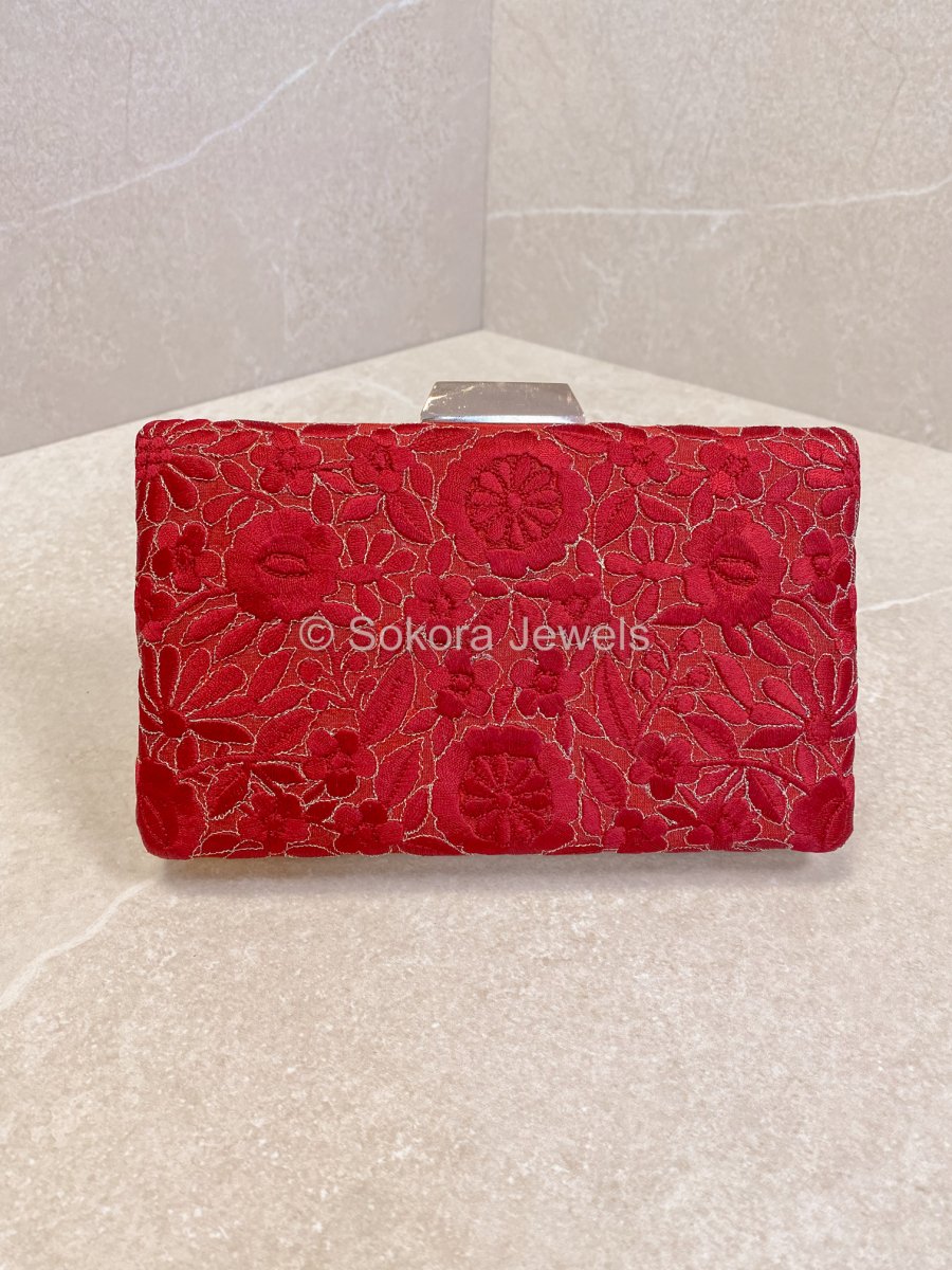 Floral Embroidered Detail Clutch Bag - Red - SOKORA JEWELSFloral Embroidered Detail Clutch Bag - Red