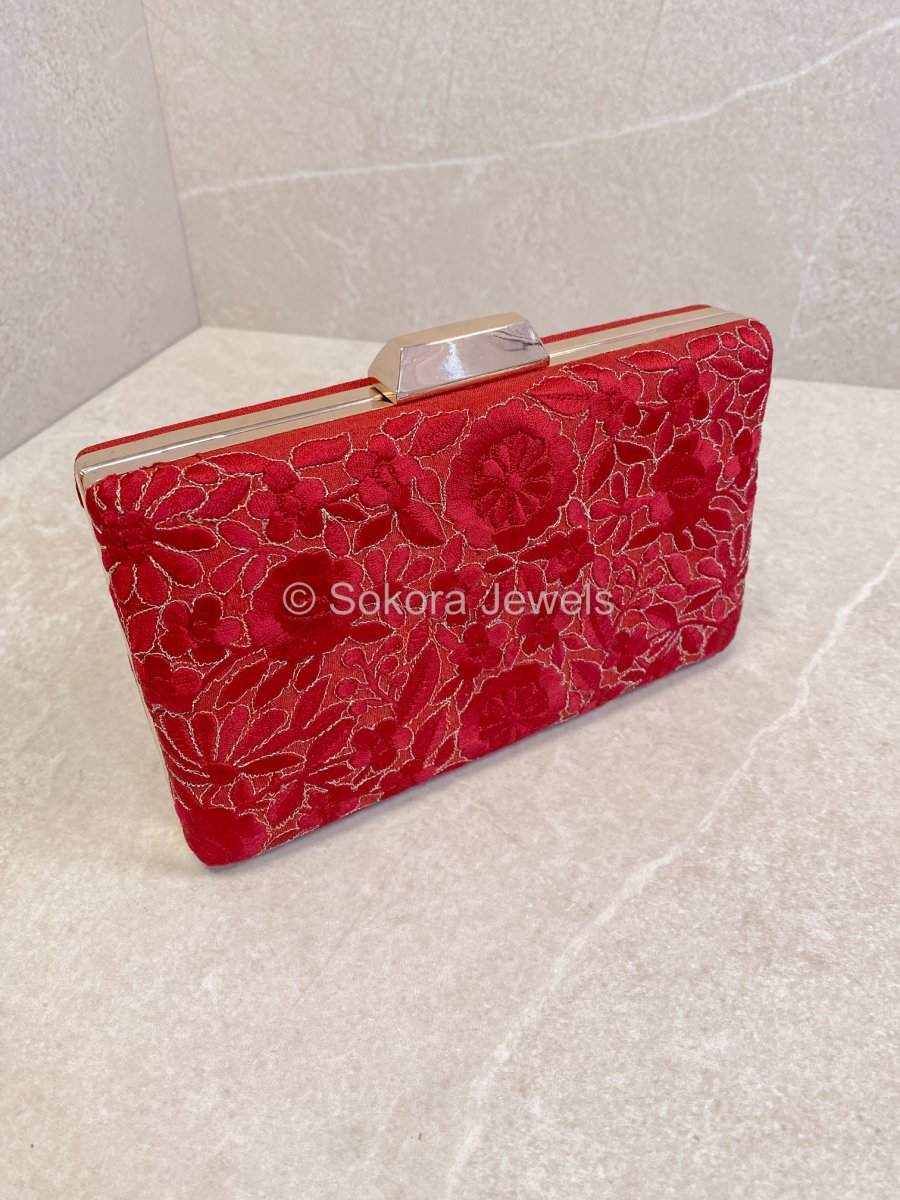 Floral Embroidered Detail Clutch Bag - Red - SOKORA JEWELSFloral Embroidered Detail Clutch Bag - Red