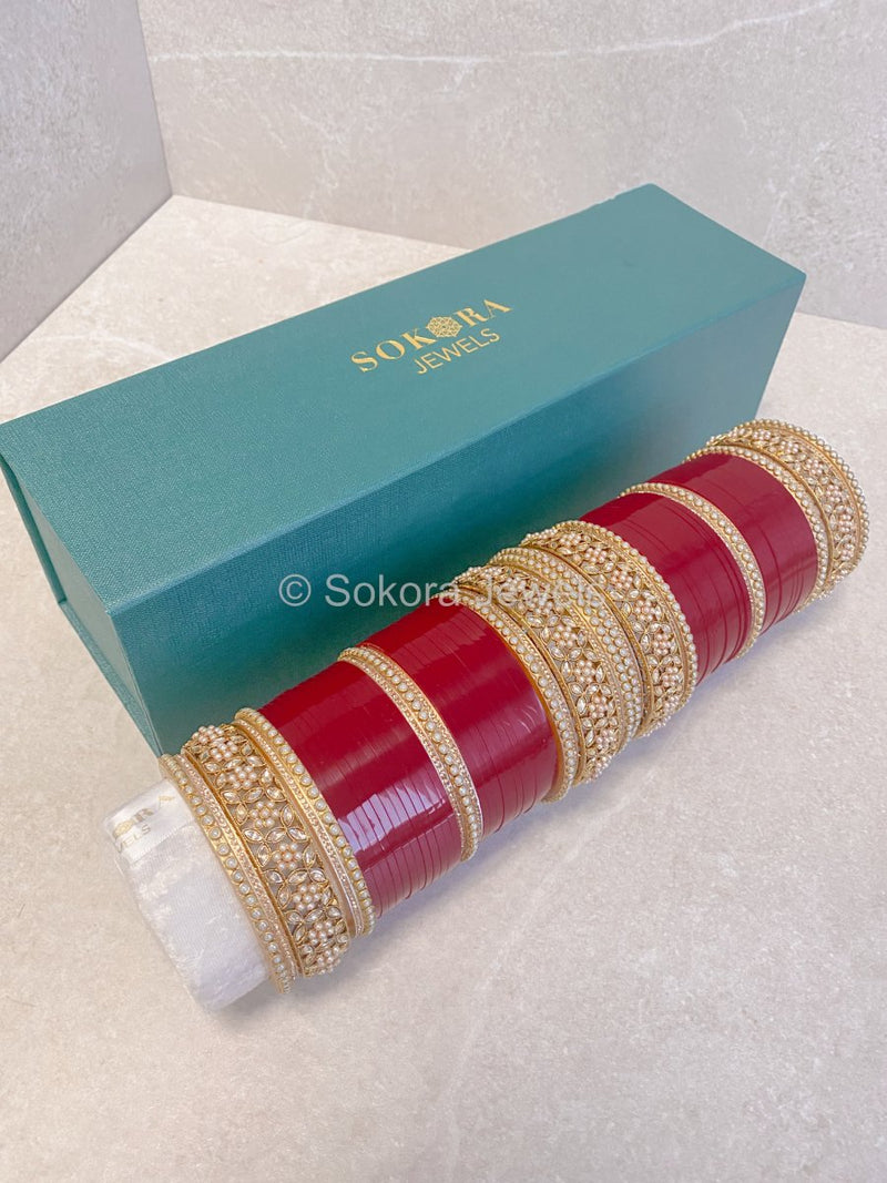 Floral Gem & Pearl Chura set - Maroon - SOKORA JEWELSFloral Gem & Pearl Chura set - Maroon