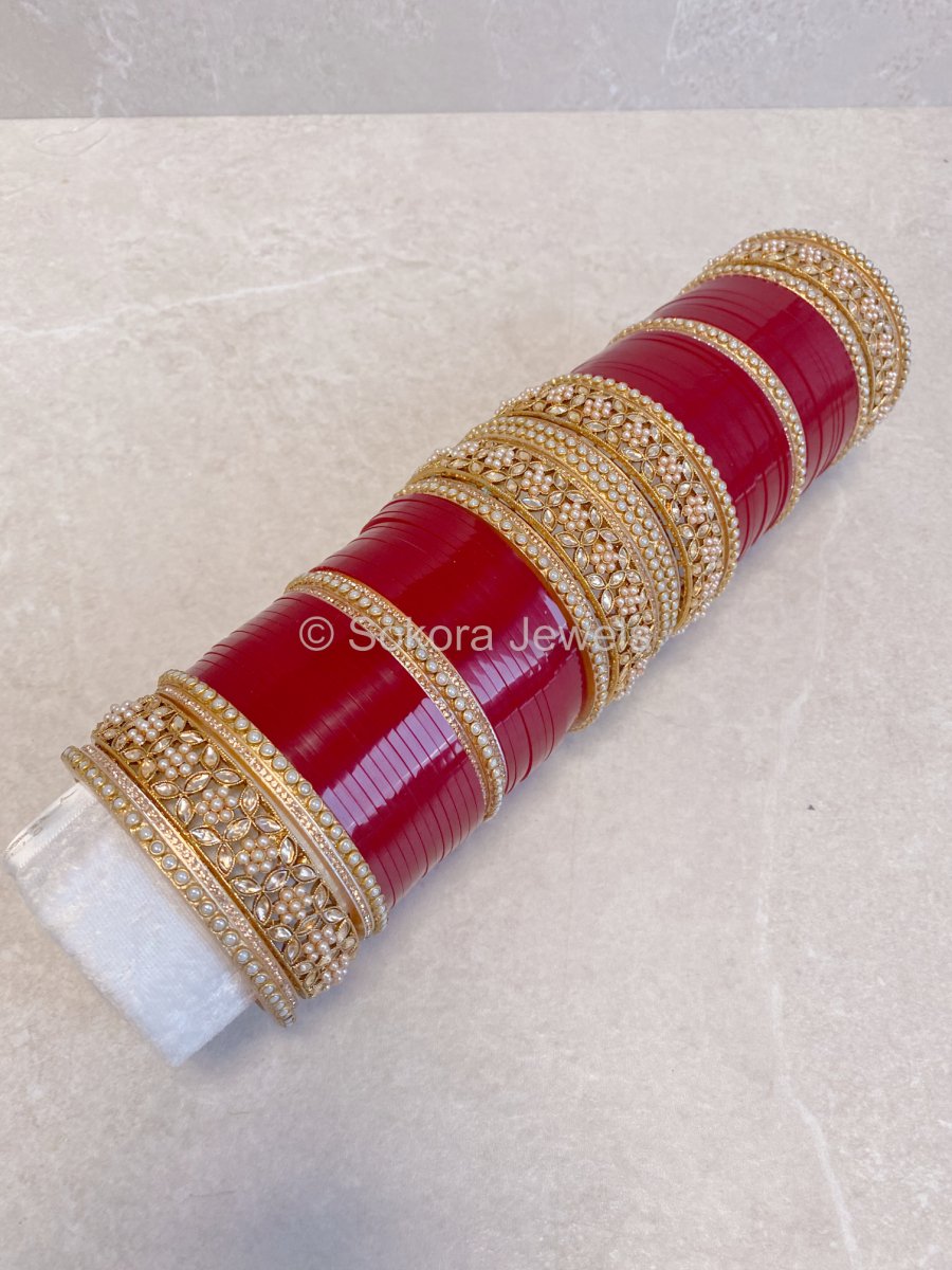 Floral Gem & Pearl Chura set - Maroon - SOKORA JEWELSFloral Gem & Pearl Chura set - Maroon