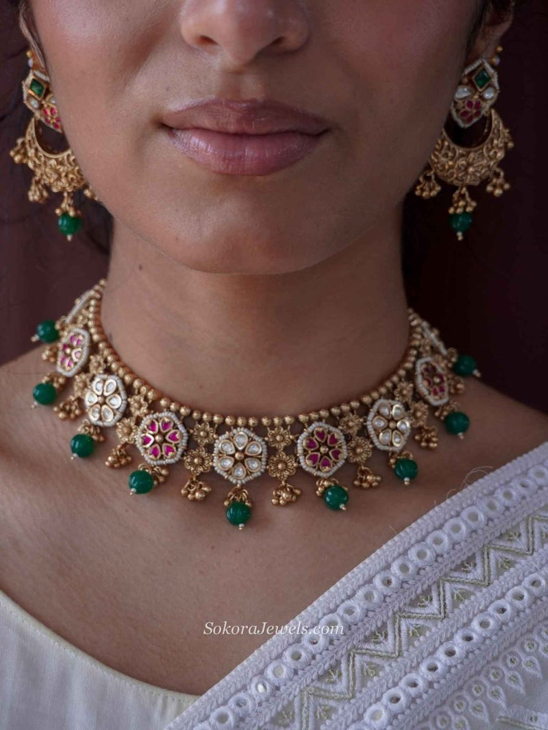 Floral Heritage Necklace Set – Ruby, Emerald & Kundan - SOKORA JEWELSFloral Heritage Necklace Set – Ruby, Emerald & Kundan