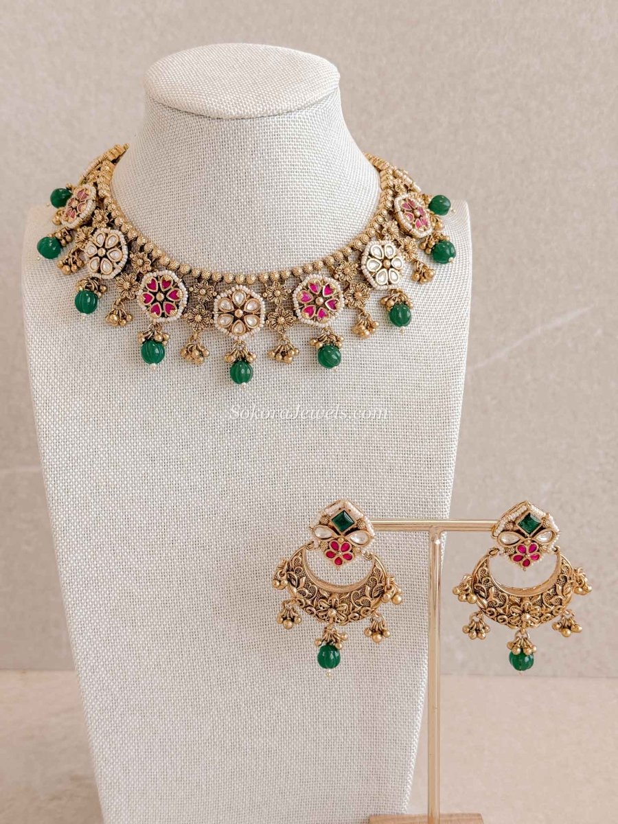 Floral Heritage Necklace Set – Ruby, Emerald & Kundan - SOKORA JEWELSFloral Heritage Necklace Set – Ruby, Emerald & Kundan
