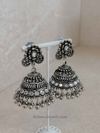 Floral Oxidized Silver Jhumka Earrings - SOKORA JEWELSFloral Oxidized Silver Jhumka Earrings