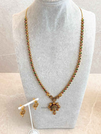 Flower Pendant Mala Set with Ruby and Green Stones - SOKORA JEWELSFlower Pendant Mala Set with Ruby and Green Stones