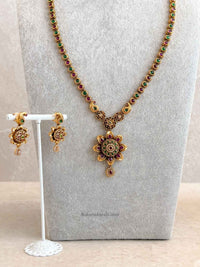 Flower Pendant Mala Set with Ruby and Green Stones - SOKORA JEWELSFlower Pendant Mala Set with Ruby and Green Stones