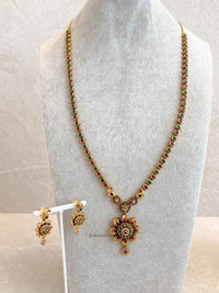 Flower Pendant Mala Set with Ruby and Green Stones - SOKORA JEWELSFlower Pendant Mala Set with Ruby and Green Stones