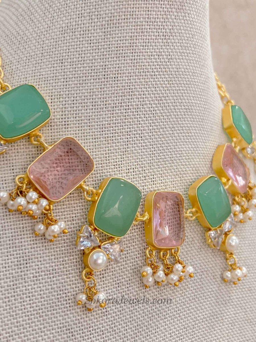 Geometric Gemstone & Pearl Statement Necklace Set - SOKORA JEWELSGeometric Gemstone & Pearl Statement Necklace Set