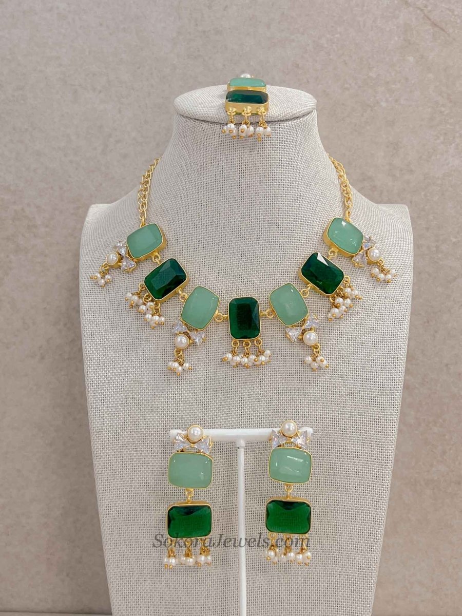Geometric Gemstone & Pearl Statement Necklace Set - SOKORA JEWELSGeometric Gemstone & Pearl Statement Necklace Set