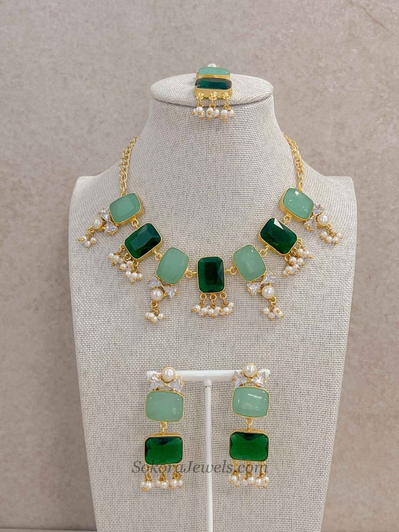 Geometric Gemstone & Pearl Statement Necklace Set - SOKORA JEWELSGeometric Gemstone & Pearl Statement Necklace Set