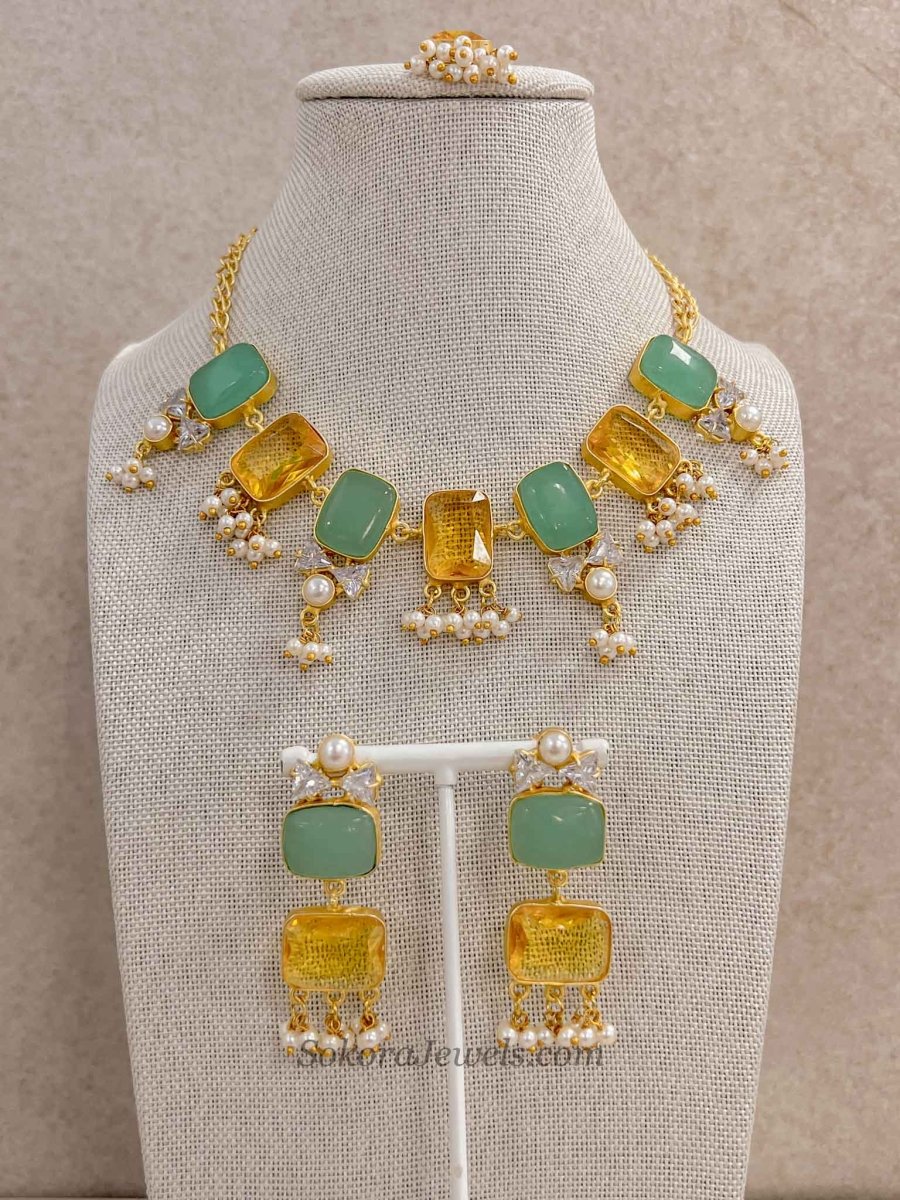 Geometric Gemstone & Pearl Statement Necklace Set - SOKORA JEWELSGeometric Gemstone & Pearl Statement Necklace Set