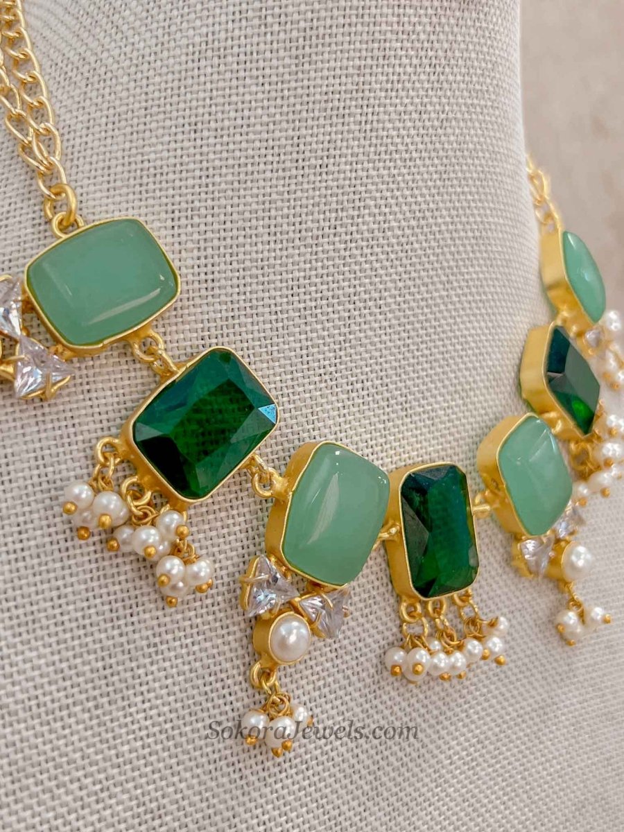 Geometric Gemstone & Pearl Statement Necklace Set - SOKORA JEWELSGeometric Gemstone & Pearl Statement Necklace Set