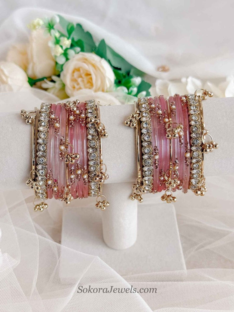 Glass Kashmiri Bangles Set - Pink - SOKORA JEWELSGlass Kashmiri Bangles Set - PinkBANGLES