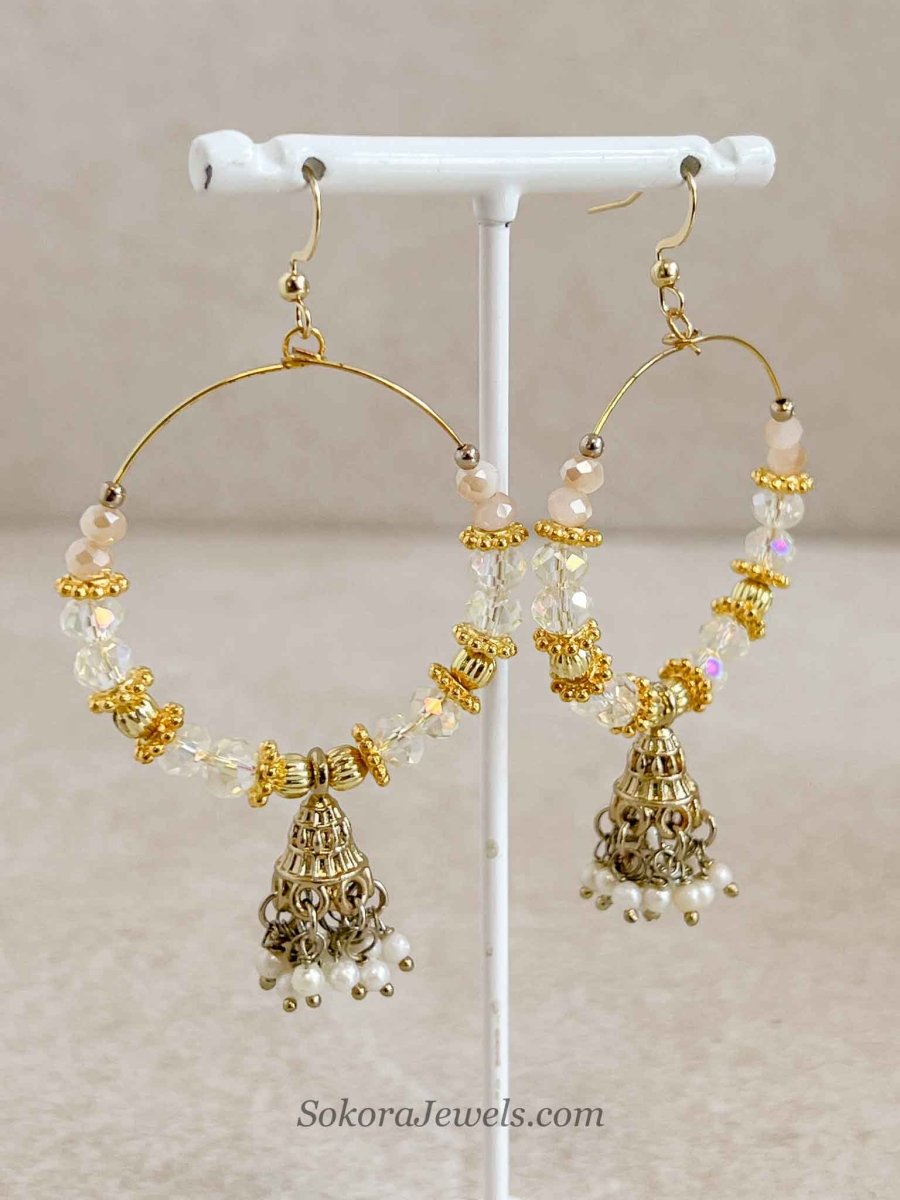Gold and Clear Beaded Jhumka Hoops - SOKORA JEWELSGold and Clear Beaded Jhumka Hoops