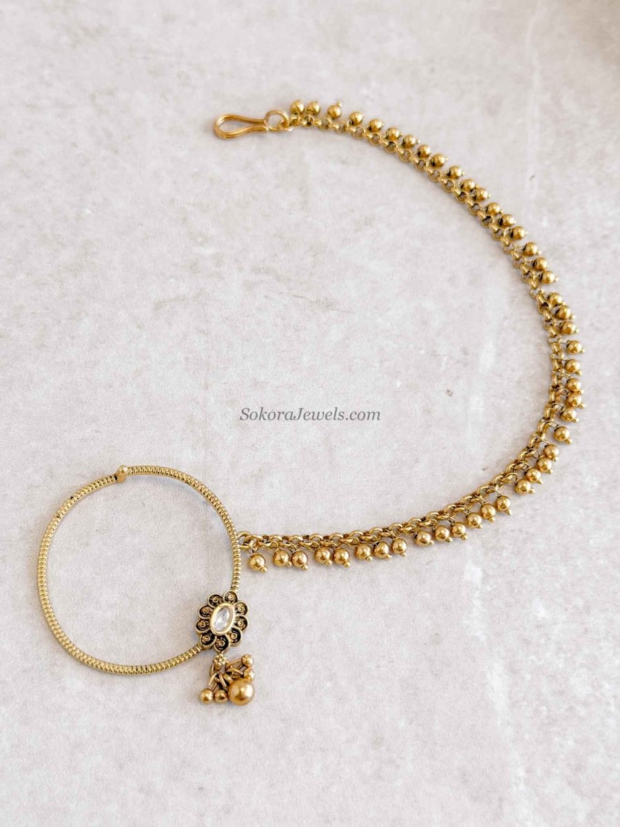 Gold Ball Chain Bridal Nath with Kundan Detail - SOKORA JEWELSGold Ball Chain Bridal Nath with Kundan Detail