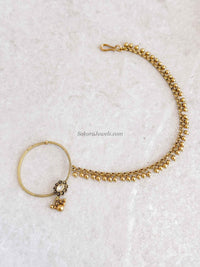 Gold Ball Chain Bridal Nath with Kundan Detail - SOKORA JEWELSGold Ball Chain Bridal Nath with Kundan Detail