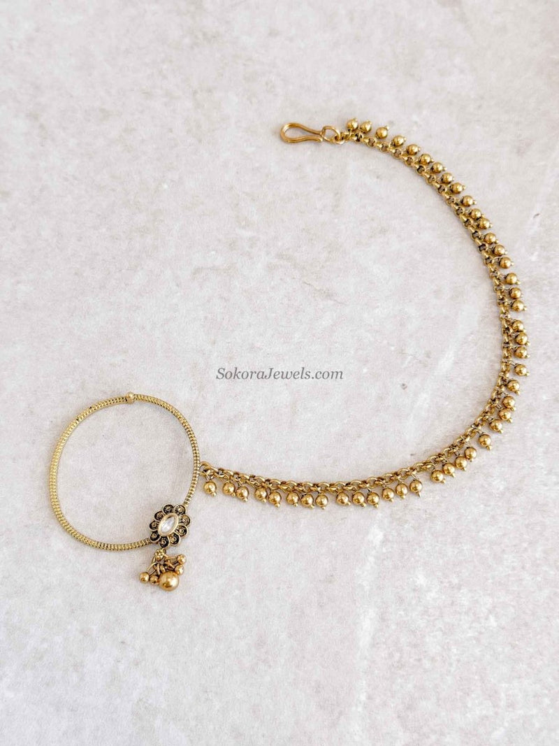 Gold Ball Chain Bridal Nath with Kundan Detail - SOKORA JEWELSGold Ball Chain Bridal Nath with Kundan Detail
