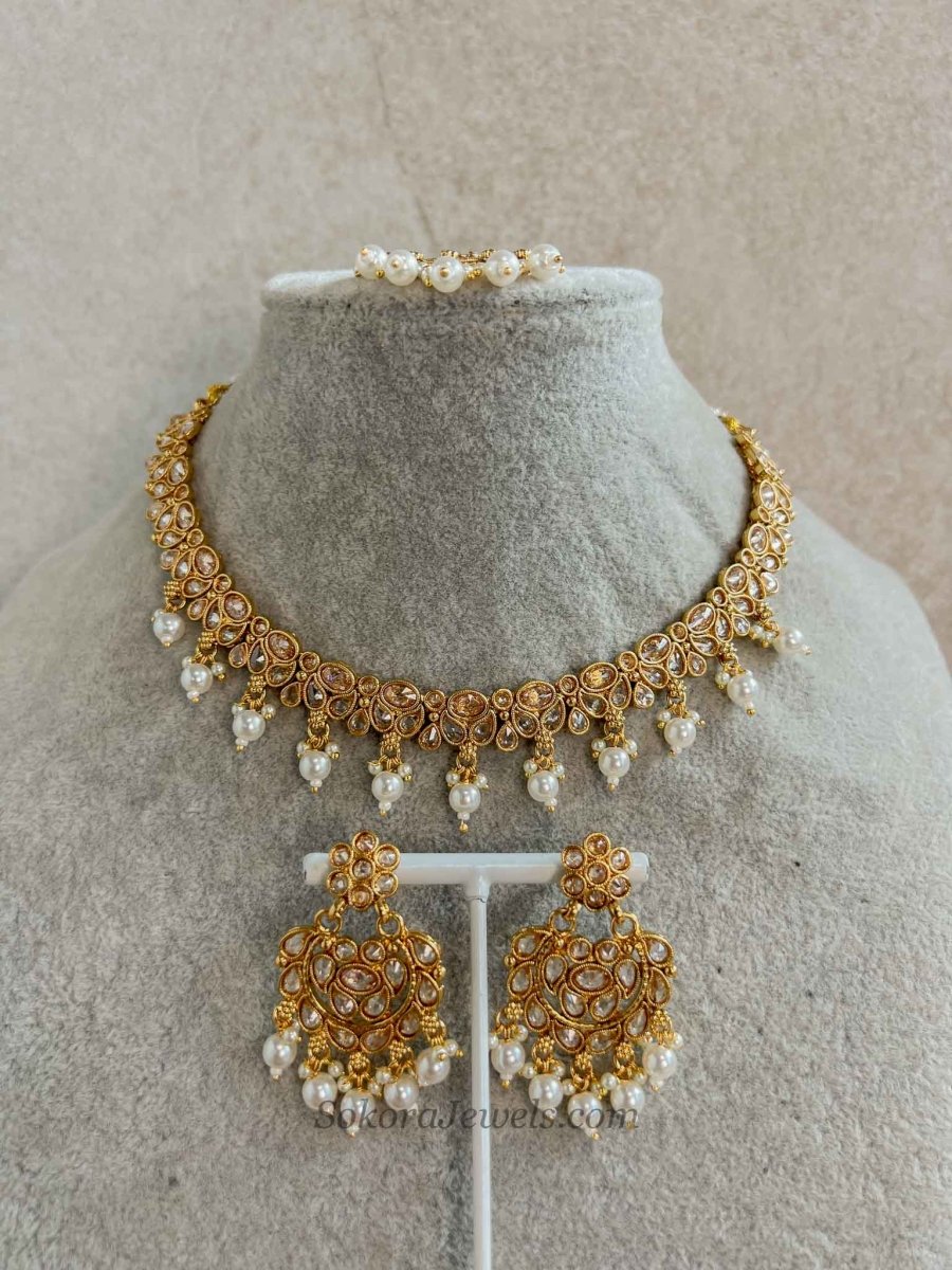 Gold Crystal & Pearl Necklace Set – Indian Wedding Guest Jewellery - SOKORA JEWELSGold Crystal & Pearl Necklace Set – Indian Wedding Guest JewelleryNECKLACE SETS