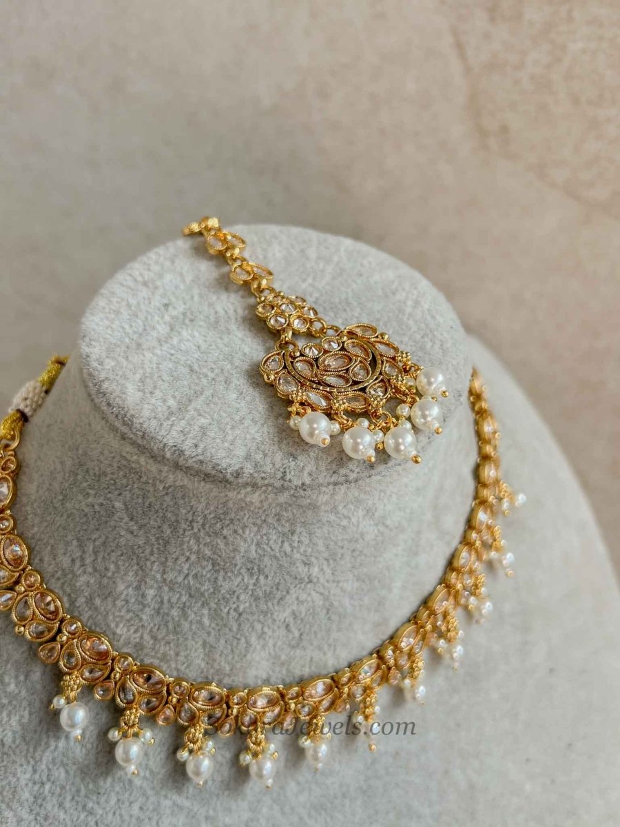 Gold Crystal & Pearl Necklace Set – Indian Wedding Guest Jewellery - SOKORA JEWELSGold Crystal & Pearl Necklace Set – Indian Wedding Guest JewelleryNECKLACE SETS