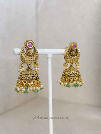 Gold, Green Bead and Ruby Set with Jhumka Earrings - SOKORA JEWELSGold, Green Bead and Ruby Set with Jhumka Earrings