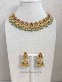 Gold, Green Bead and Ruby Set with Jhumka Earrings - SOKORA JEWELSGold, Green Bead and Ruby Set with Jhumka Earrings