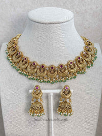 Gold, Green Bead and Ruby Set with Jhumka Earrings - SOKORA JEWELSGold, Green Bead and Ruby Set with Jhumka Earrings