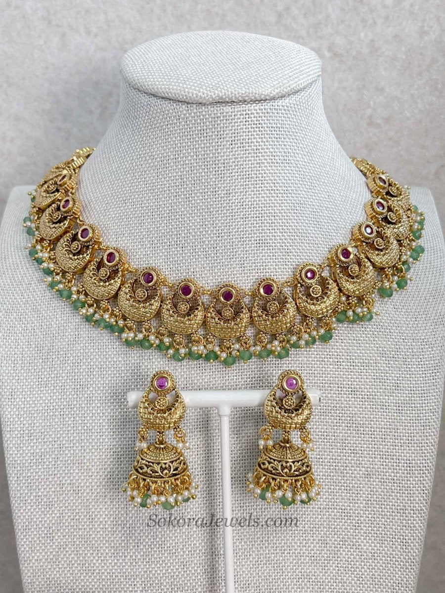 Gold, Green Bead and Ruby Set with Jhumka Earrings - SOKORA JEWELSGold, Green Bead and Ruby Set with Jhumka Earrings