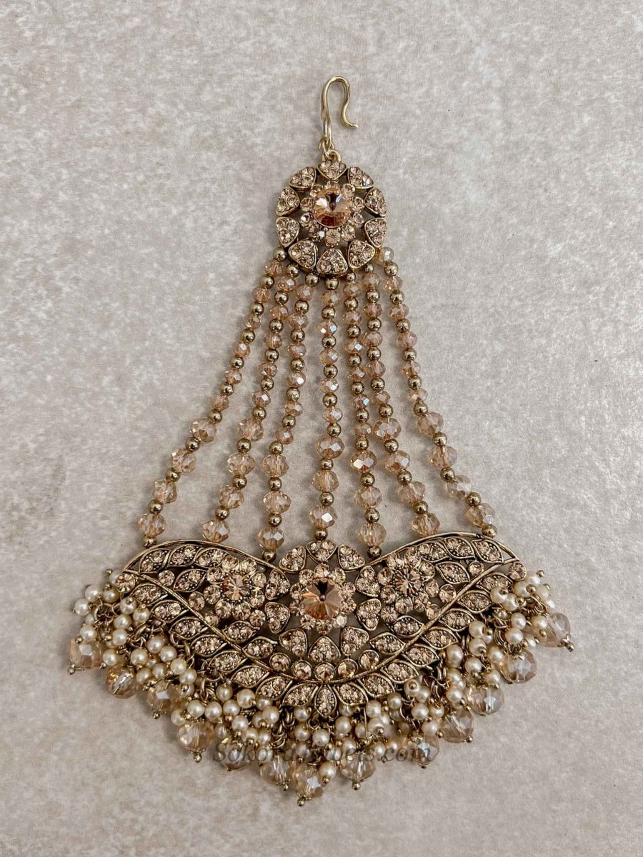 Gold Jhumar with Champagne beads - SOKORA JEWELSGold Jhumar with Champagne beads