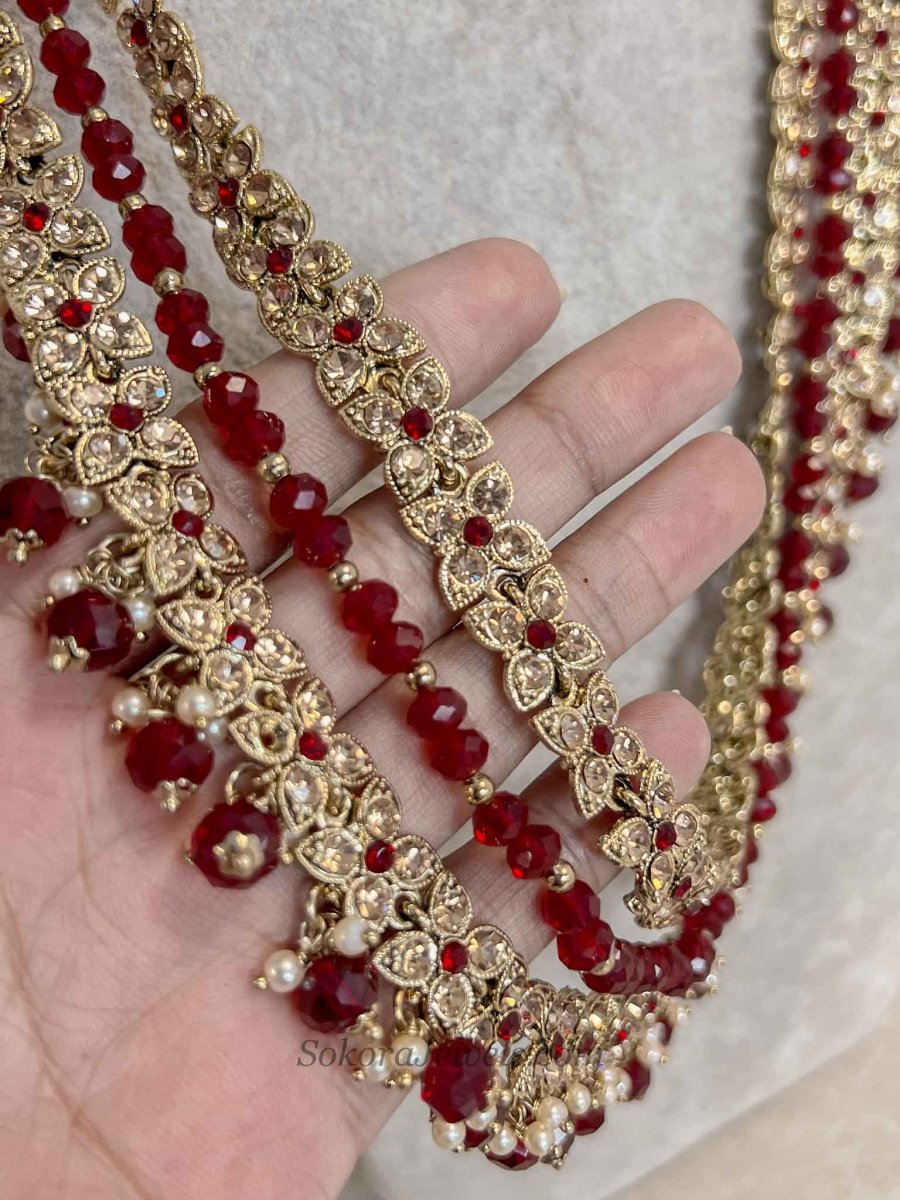 Gold & Maroon Multi Strand Long Haar Necklace - SOKORA JEWELSGold & Maroon Multi Strand Long Haar Necklace