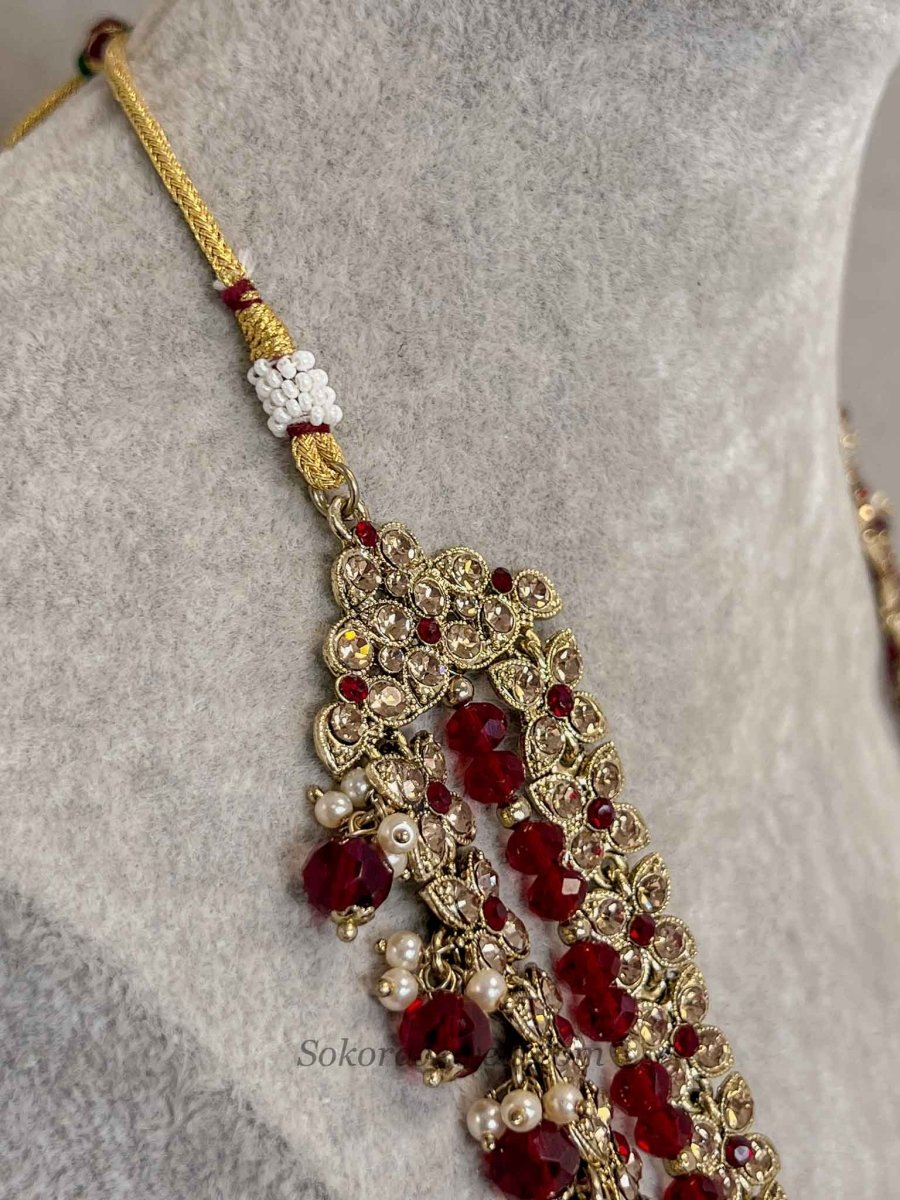 Gold & Maroon Multi Strand Long Haar Necklace - SOKORA JEWELSGold & Maroon Multi Strand Long Haar Necklace