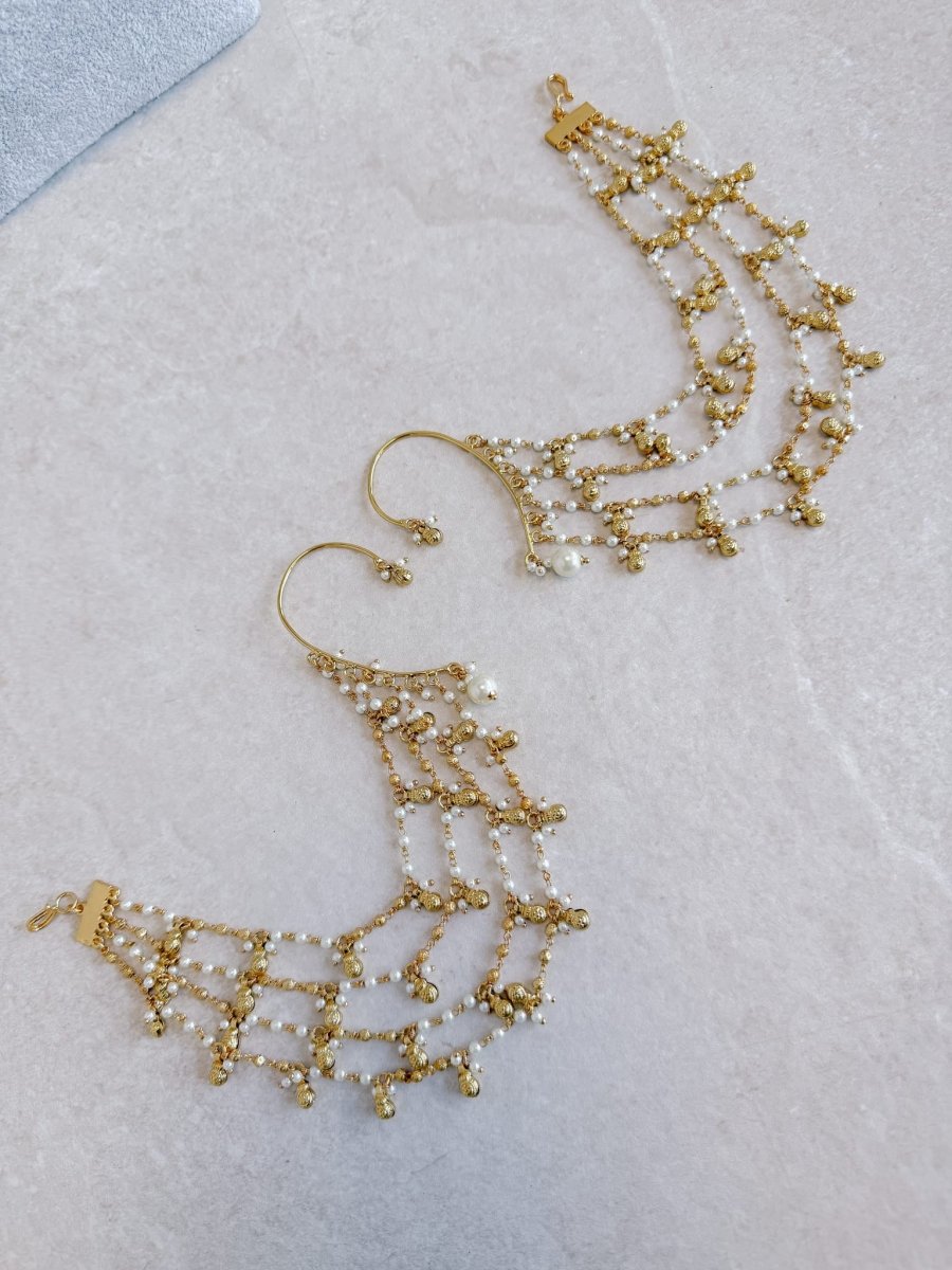 Gold Plated Fancy Ghungroo and Pearl chain Ear cuffs - SOKORA JEWELSGold Plated Fancy Ghungroo and Pearl chain Ear cuffs