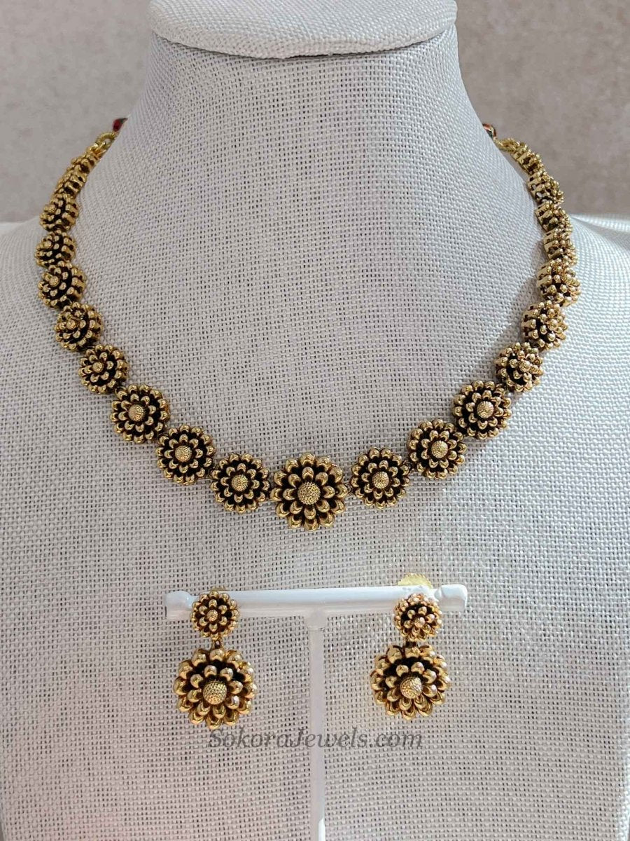 Gold Plated Floral Diwali Festive Necklace & Earring Set - SOKORA JEWELSGold Plated Floral Diwali Festive Necklace & Earring Set