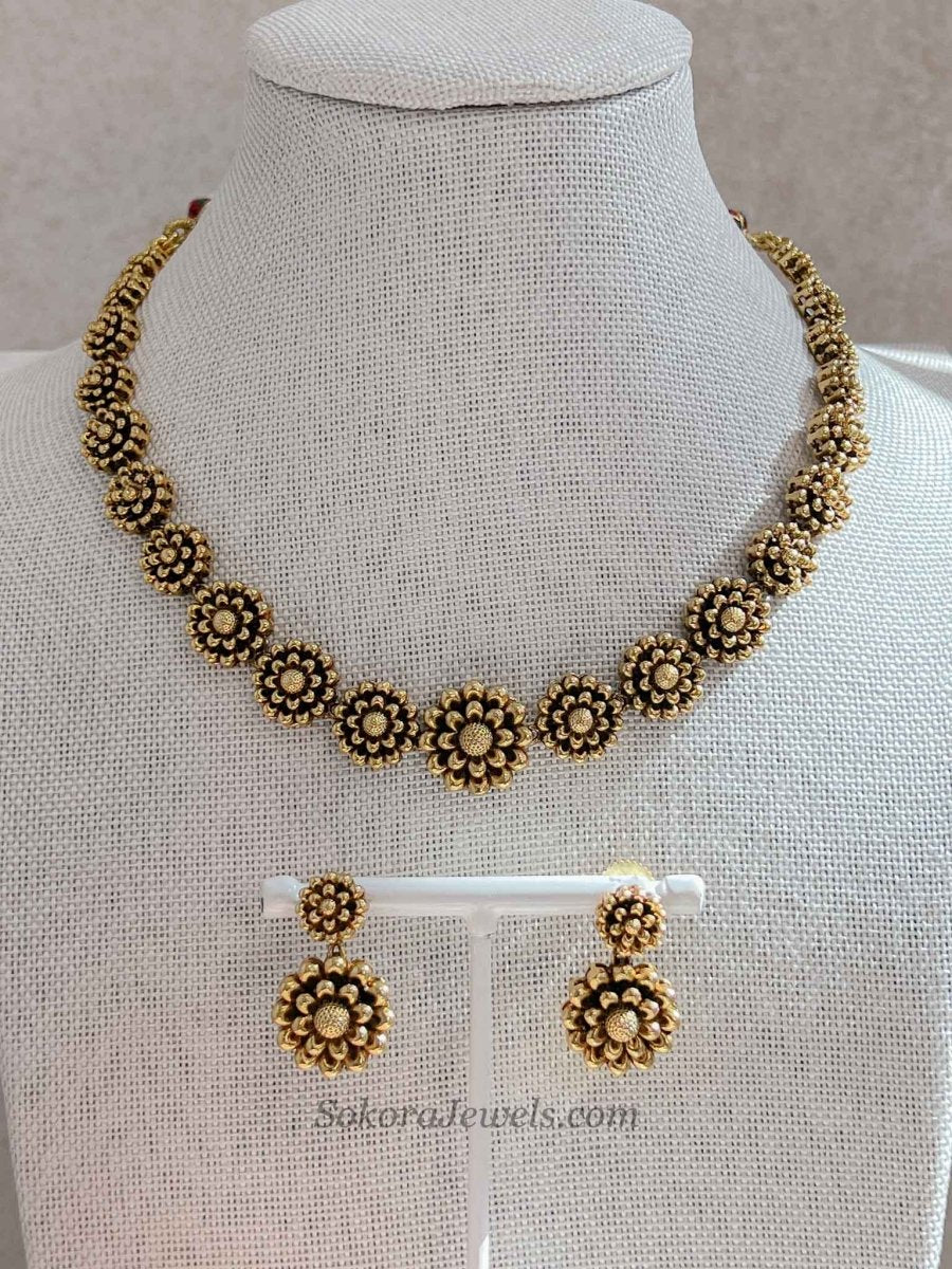 Gold Plated Floral Diwali Festive Necklace & Earring Set - SOKORA JEWELSGold Plated Floral Diwali Festive Necklace & Earring Set