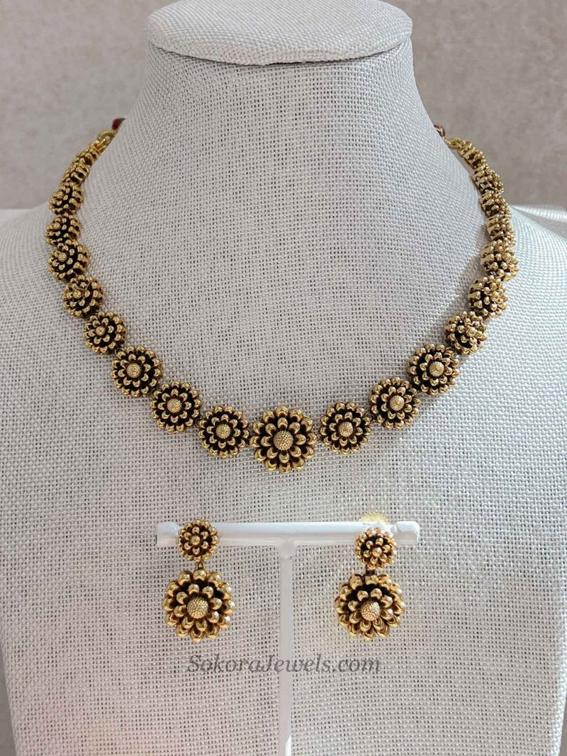 Gold Plated Floral Diwali Festive Necklace & Earring Set - SOKORA JEWELSGold Plated Floral Diwali Festive Necklace & Earring Set