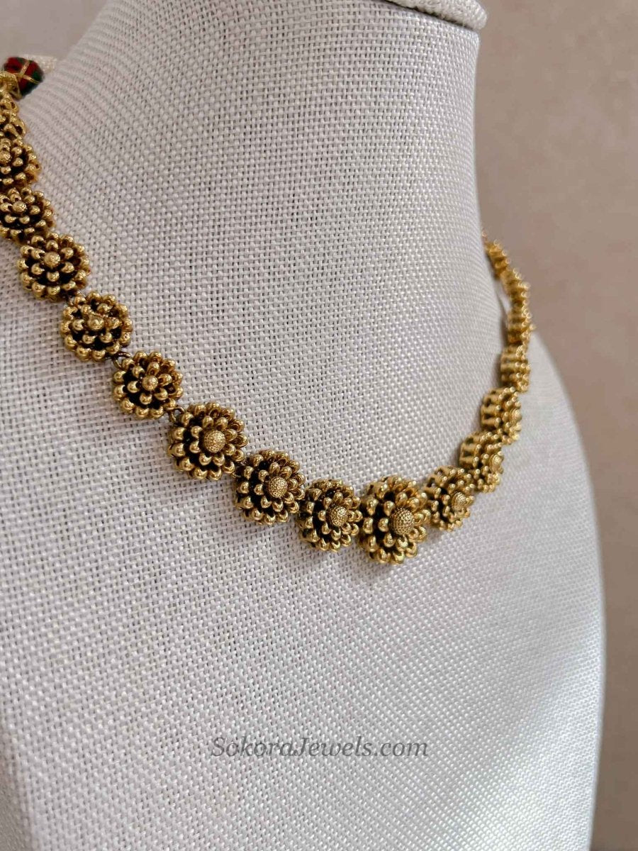Gold Plated Floral Diwali Festive Necklace & Earring Set - SOKORA JEWELSGold Plated Floral Diwali Festive Necklace & Earring Set