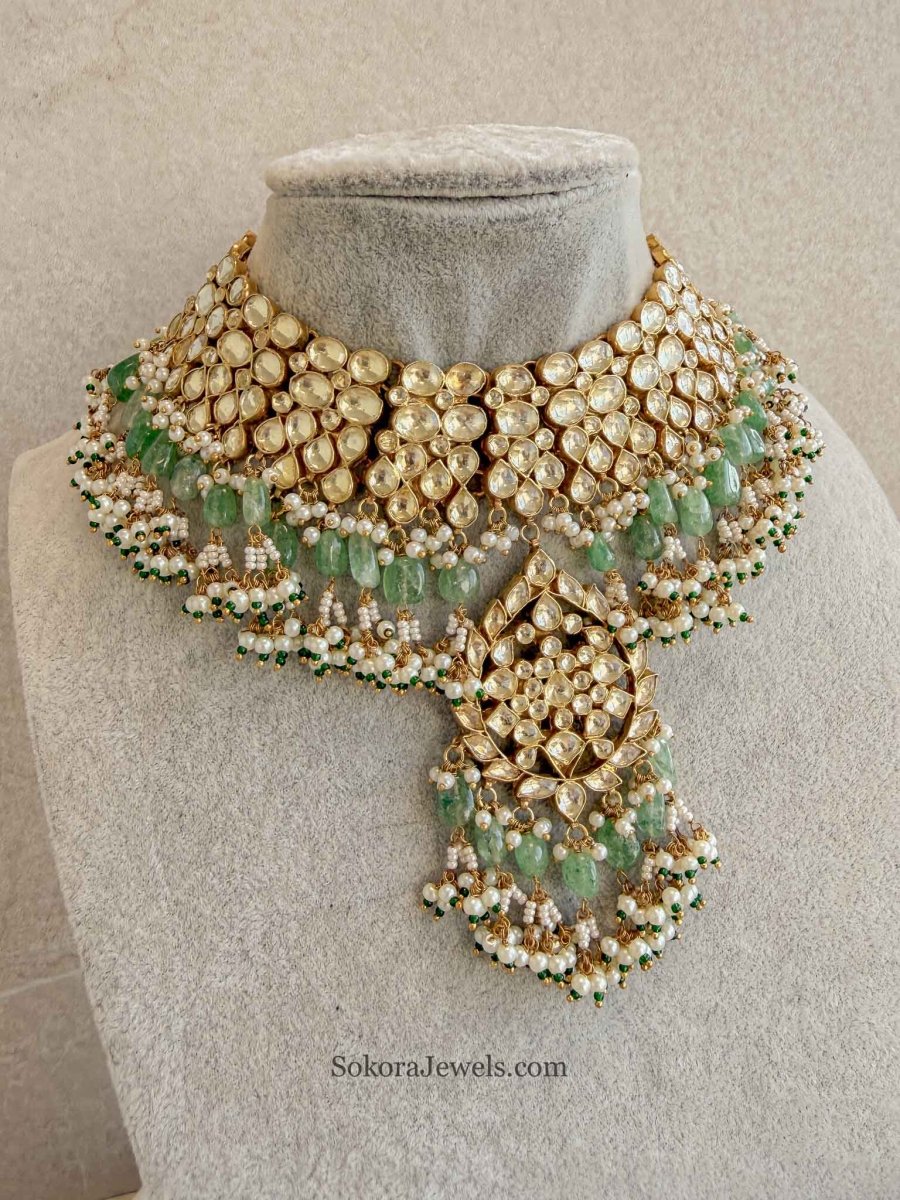 Gold Plated Heritage Kundan Bridal Jewellery Set – Green & Pearl Detailing - SOKORA JEWELSGold Plated Heritage Kundan Bridal Jewellery Set – Green & Pearl Detailing