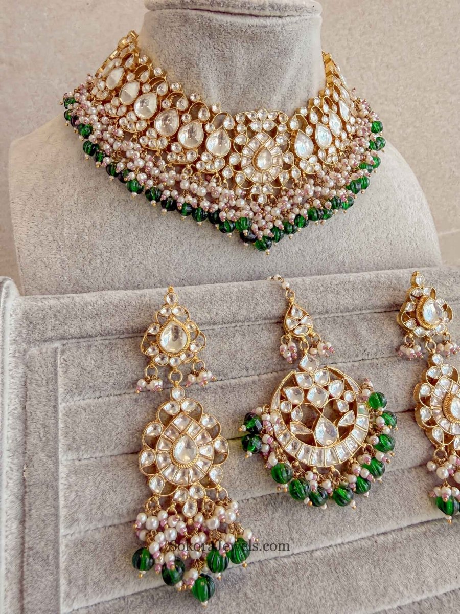 Gold Plated Heritage Kundan Bridal Jewellery Set – Green, Pearl & Pastel Detailing - SOKORA JEWELSGold Plated Heritage Kundan Bridal Jewellery Set – Green, Pearl & Pastel Detailing