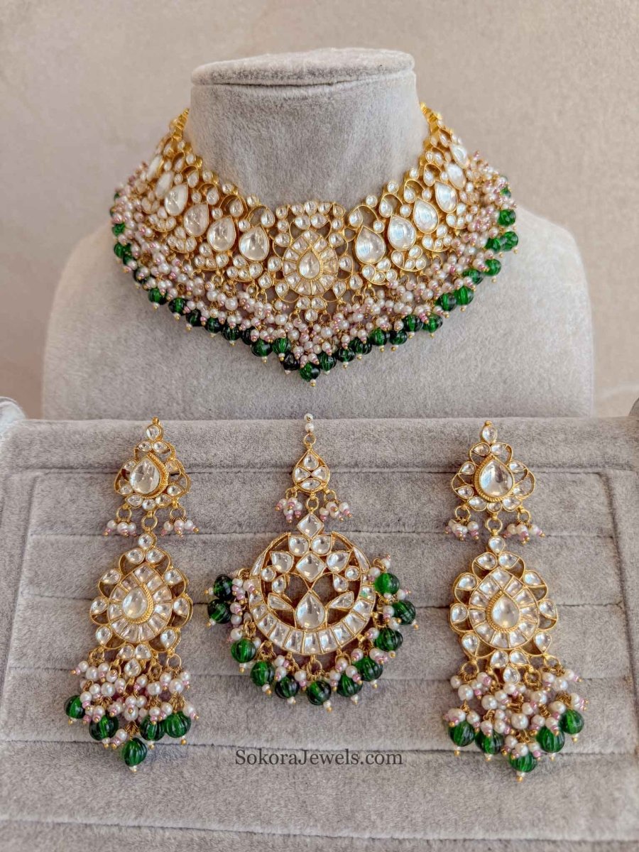 Gold Plated Heritage Kundan Bridal Jewellery Set – Green, Pearl & Pastel Detailing - SOKORA JEWELSGold Plated Heritage Kundan Bridal Jewellery Set – Green, Pearl & Pastel Detailing
