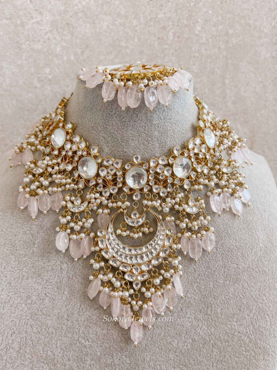 Gold Plated Heritage Kundan Bridal Pendant Necklace Set – Pink - SOKORA JEWELSGold Plated Heritage Kundan Bridal Pendant Necklace Set – Pink