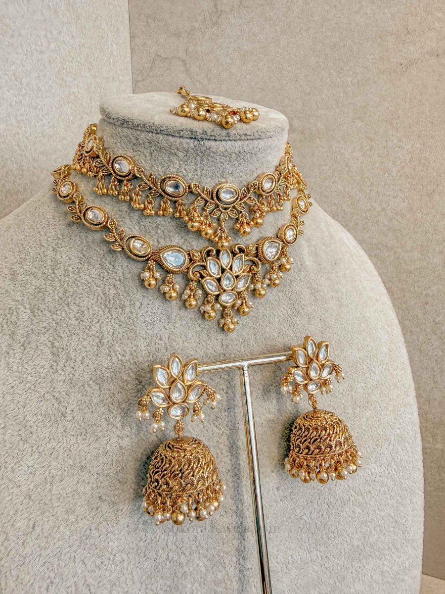Gold Plated Kundan Bridal Set with Double Necklace & Jhumka Earrings - SOKORA JEWELSGold Plated Kundan Bridal Set with Double Necklace & Jhumka Earrings