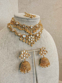 Gold Plated Kundan Bridal Set with Double Necklace & Jhumka Earrings - SOKORA JEWELSGold Plated Kundan Bridal Set with Double Necklace & Jhumka Earrings