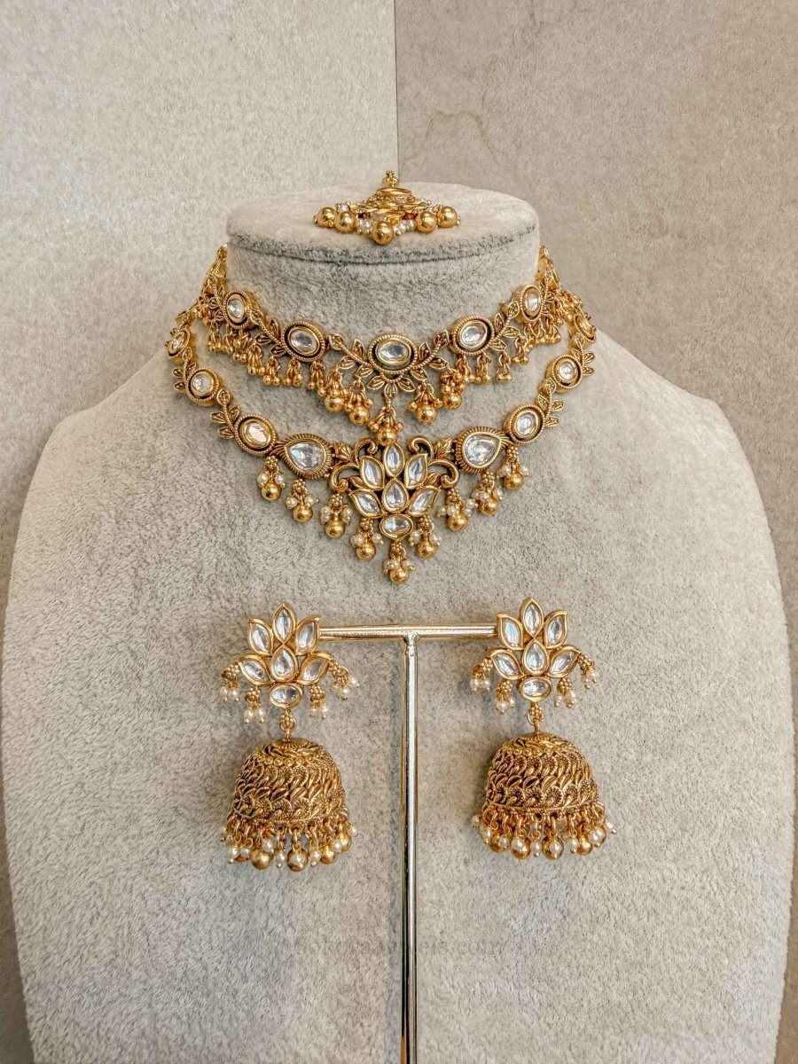 Gold Plated Kundan Bridal Set with Double Necklace & Jhumka Earrings - SOKORA JEWELSGold Plated Kundan Bridal Set with Double Necklace & Jhumka Earrings